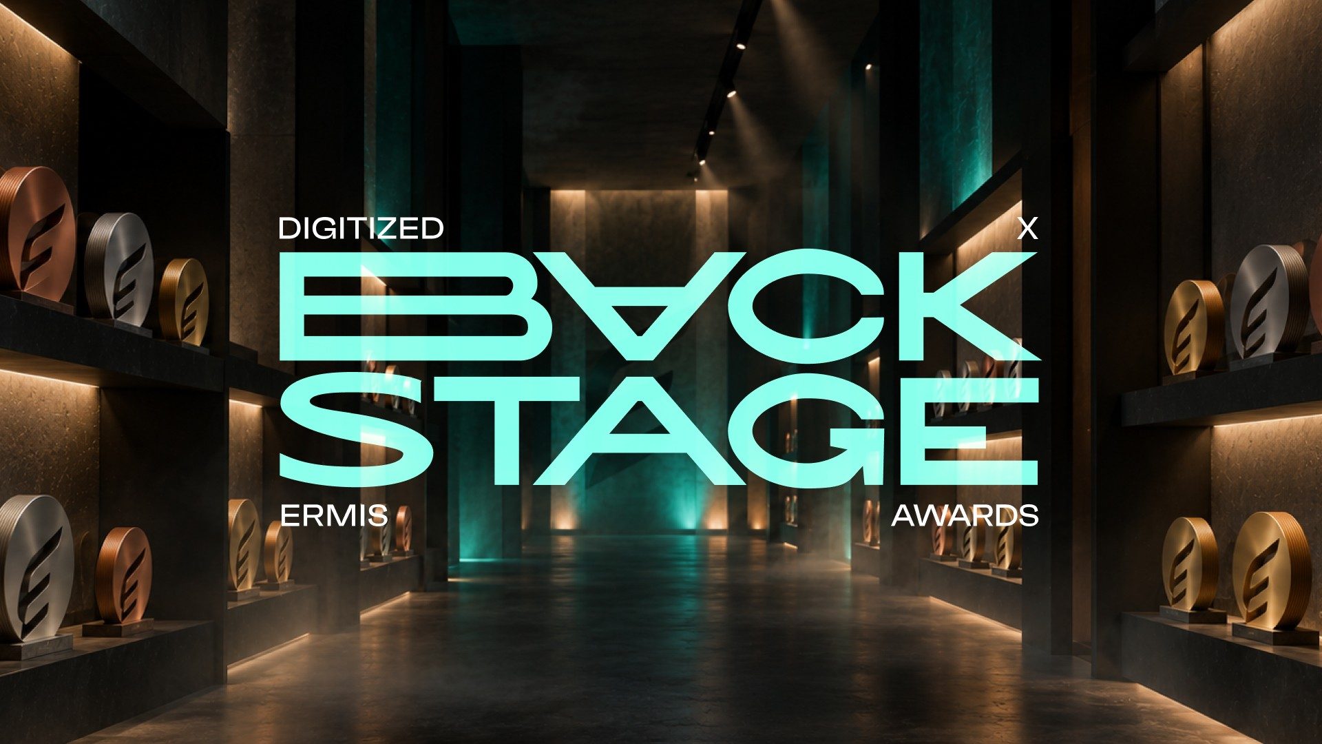 Digitized x Backstage, Ermis Awards, in large mint type over a dark corridor of Ermis trophies