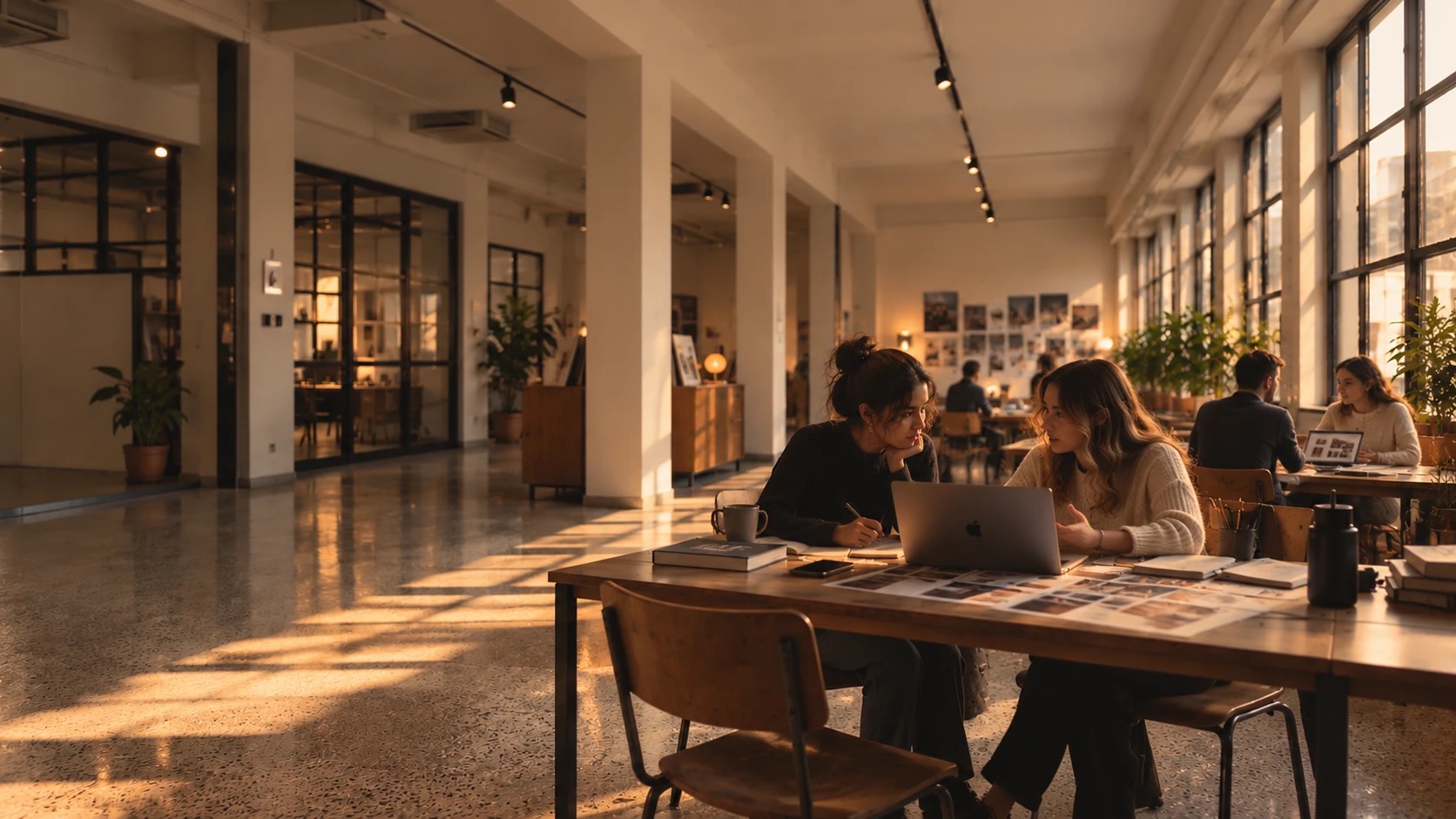 Two designers at a long wooden table in a sunlit open studio, one showing her work on a laptop while the other leans in to give feedback, printed pages spread between them and other people working at tables behind